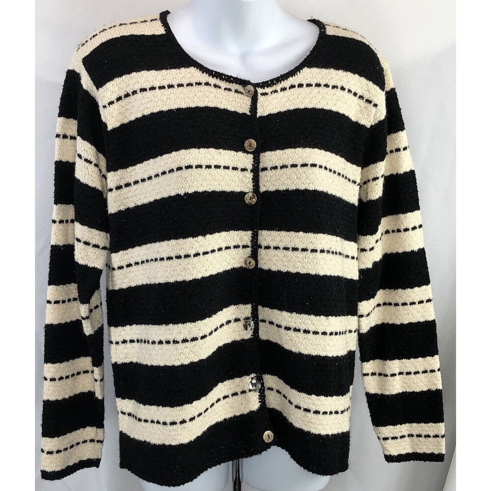 FashionBug ButtonUp Cardigan sweater blk ivory stripe LongSleeve classic Capsule